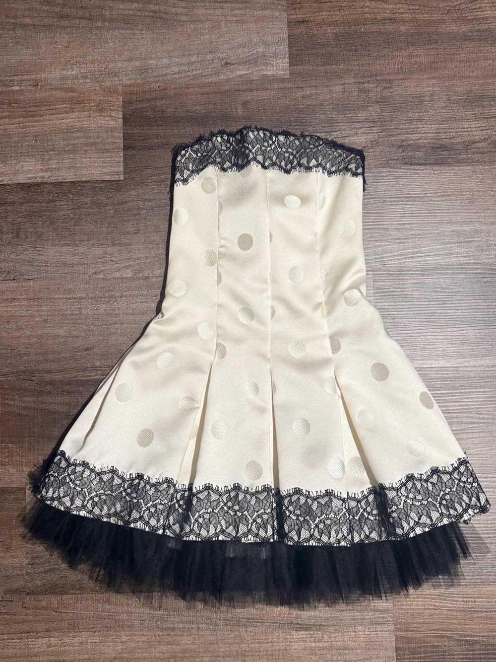 Jessica McClintock Cream Polka Dot Dress with Black Lace & Tulle